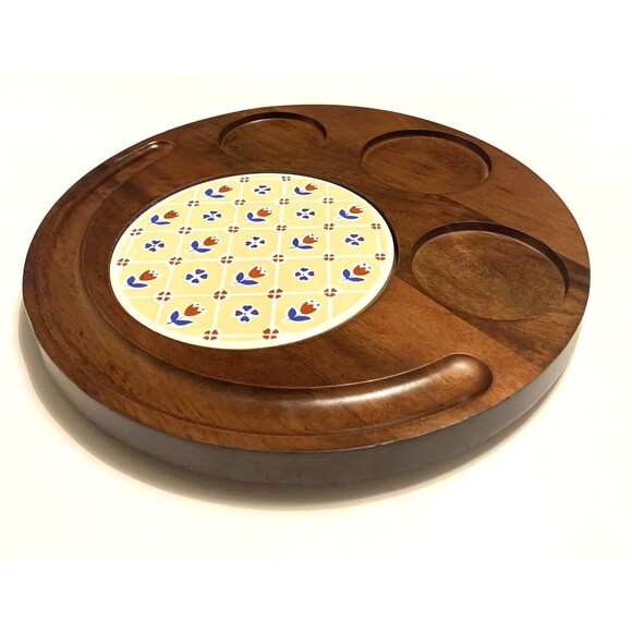 Vintage Gailstyn Sutton Wood Serving Tray Floral Tile Insert Taiwan Party Snacks - Picture 2 of 9